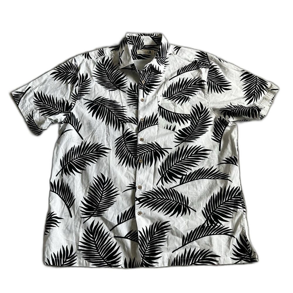Seaspice Resort Wear Shirt Mens XL Premium Cotton Black White Leaves Hawaiian